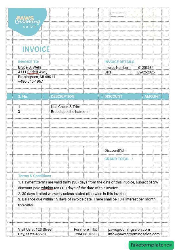 Feature of fake Pet Grooming invoice example